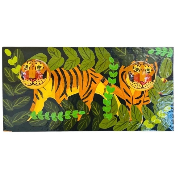 Vtg Wood Peg Wall Hanger Hand Painted Tigers in Jungle, Head and Neck the Peg - Picture 2 of 5